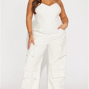 XL WHITE CARGO JUMPSUIT FAUX LEATHER